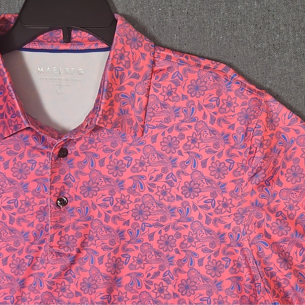 MAELREG Performance Men's Polo Shirt L Pink Blue Paisley Floral Short Sleeve